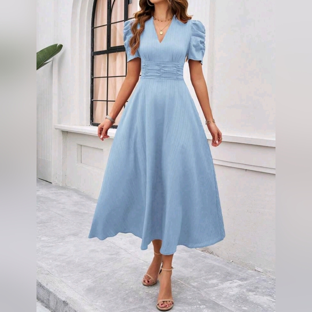 NEW Classic Textured Stripe Ruched Waist Puffed Sleeve Midi Dress Blue - Picture 5 of 8